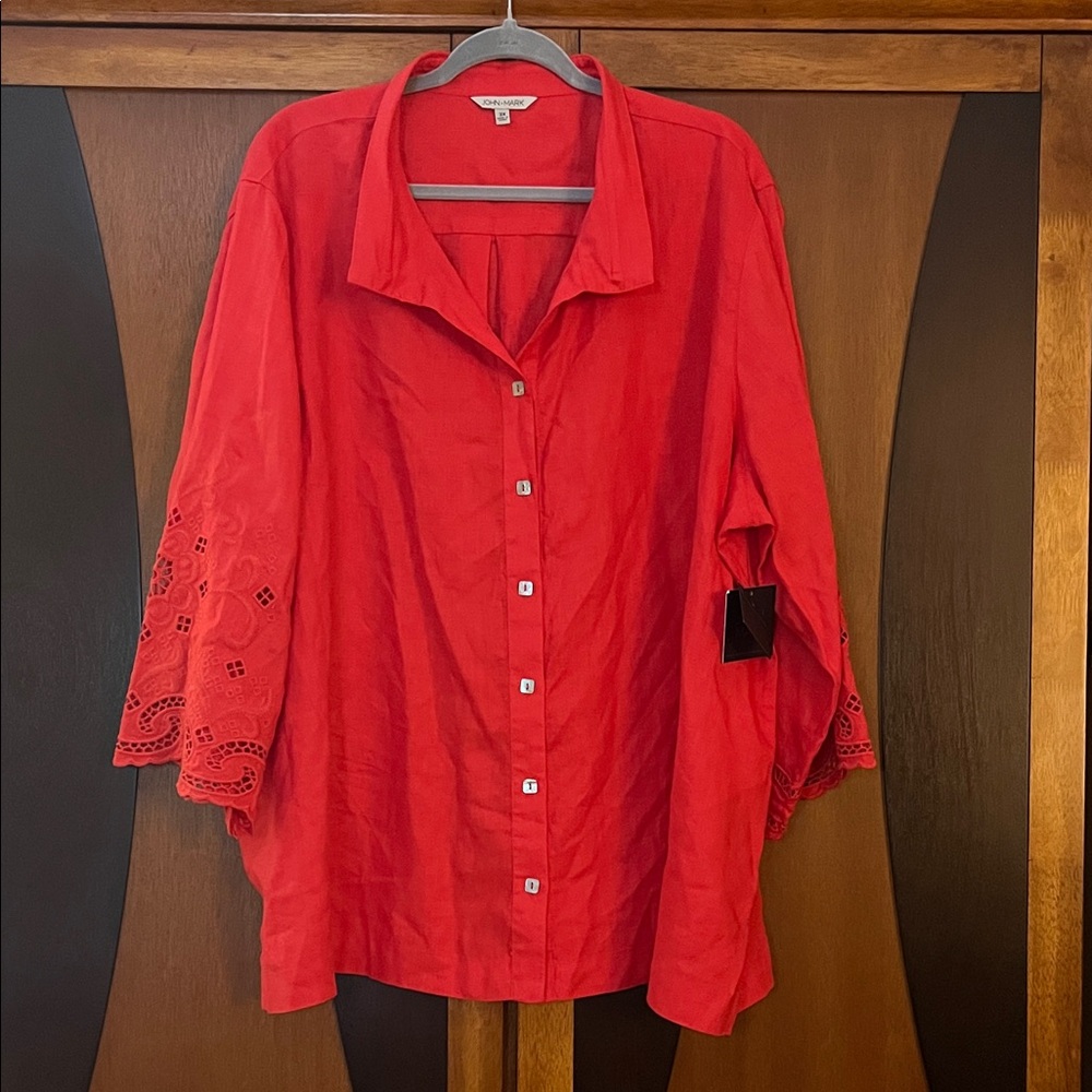 NWT🦀John Mark Vibrant Red Button-Down Shirt w/Eyelet Sleeves w/Scalloped Hems